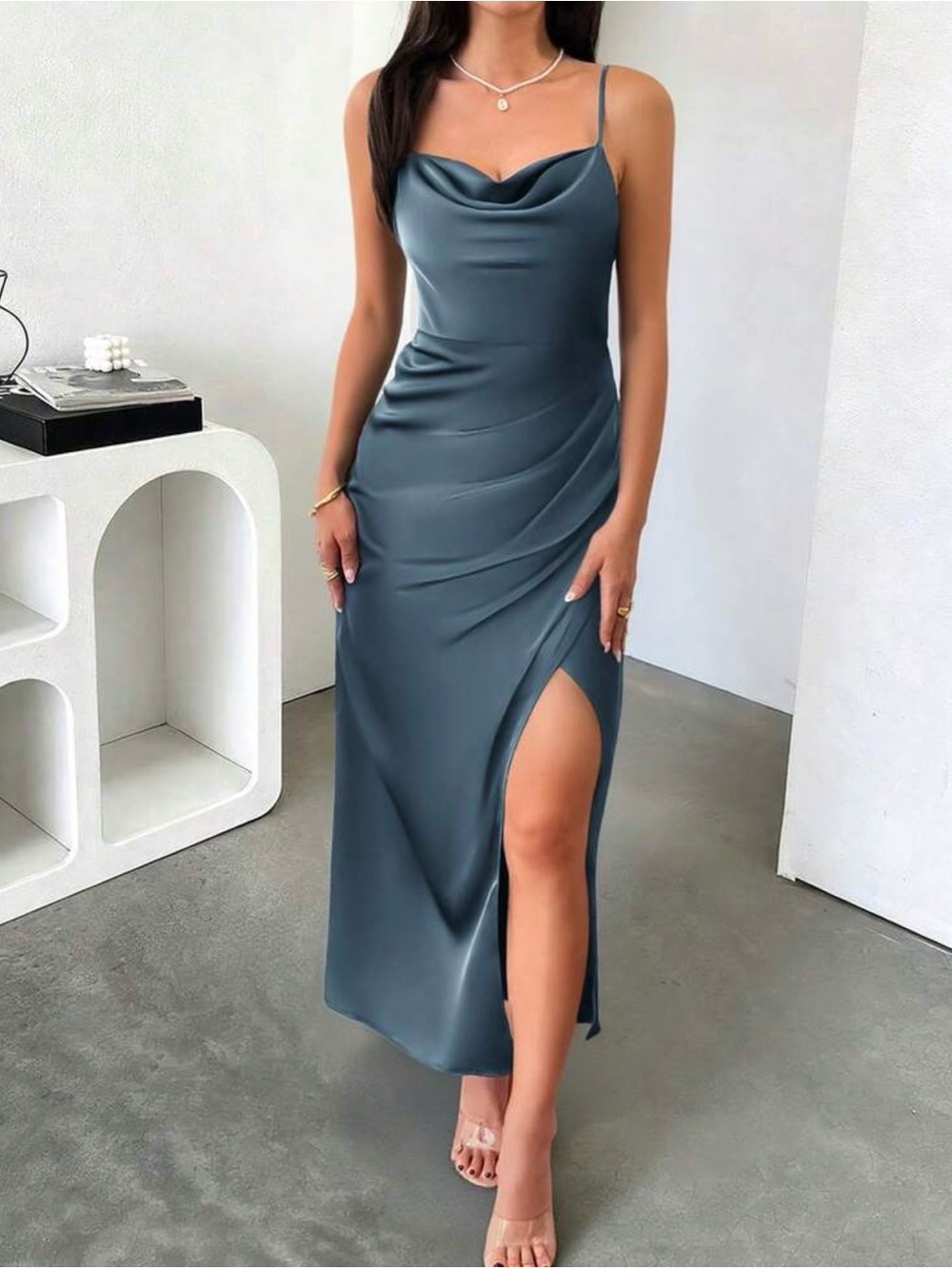 Satin Cowl Neck Slip Dress in Slate Blue
